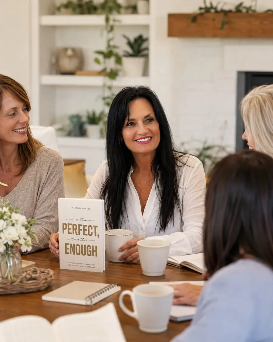 Dr. Sonya Rogers at a table with a small group of women, coffee and open notebooks in front of them, holding her book Less Than Perfect, More Than Enough